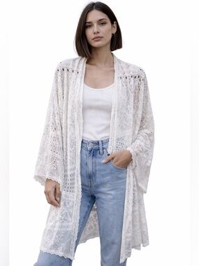 Johnny Was Open Front Drape Eyelet Embroidered White Floral Cardigan Kimono
